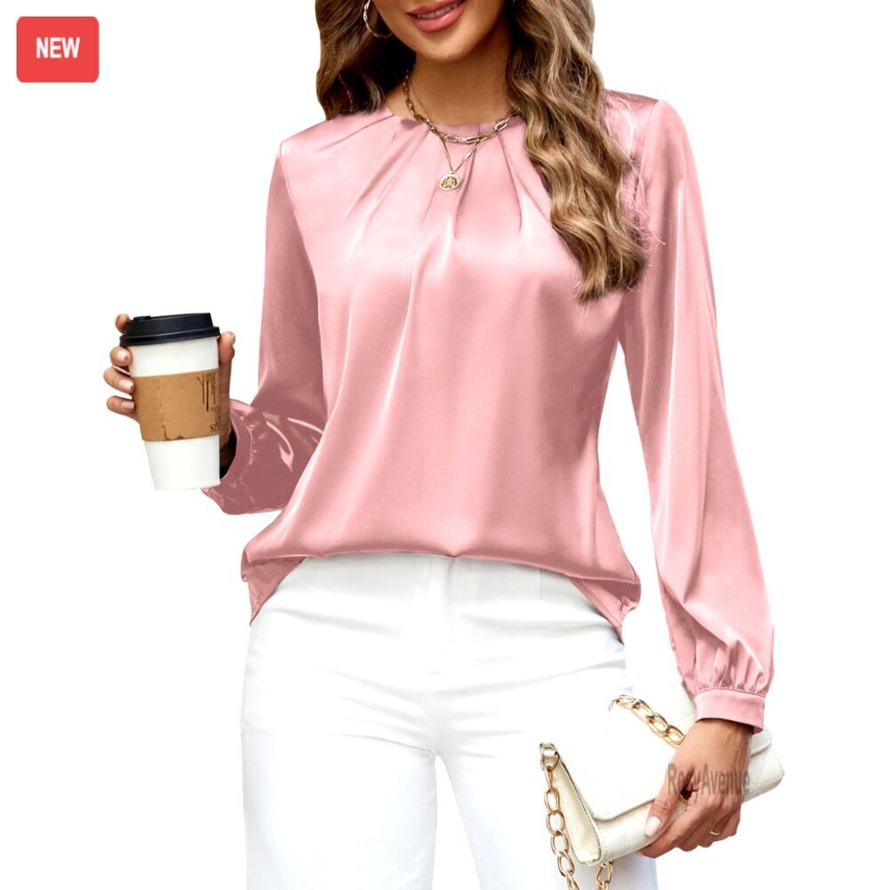 Pleated Long Sleeve Satin Blouse Business Casual Work Shirt